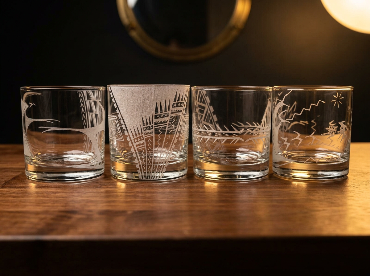 Rocks glass with pe'a-inspired wrap pattern