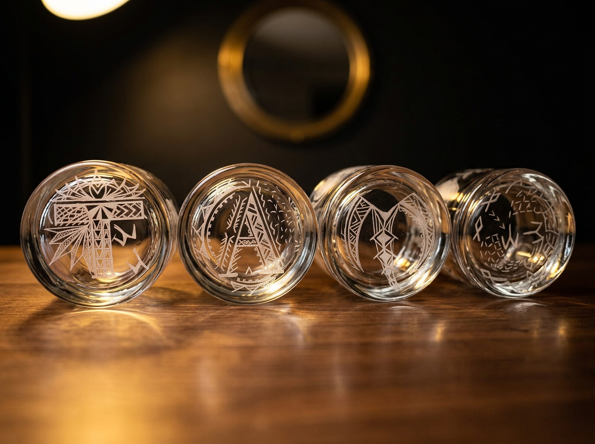 Etched base medallion on rocks glass